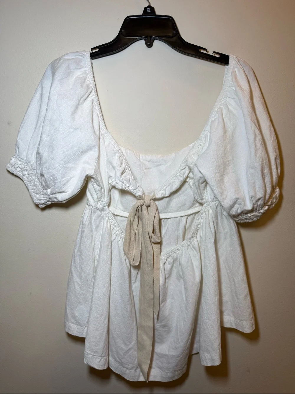 Free People White Cotton Babydoll Blouse NWT Medium Puff Sleeves Open Tie Back